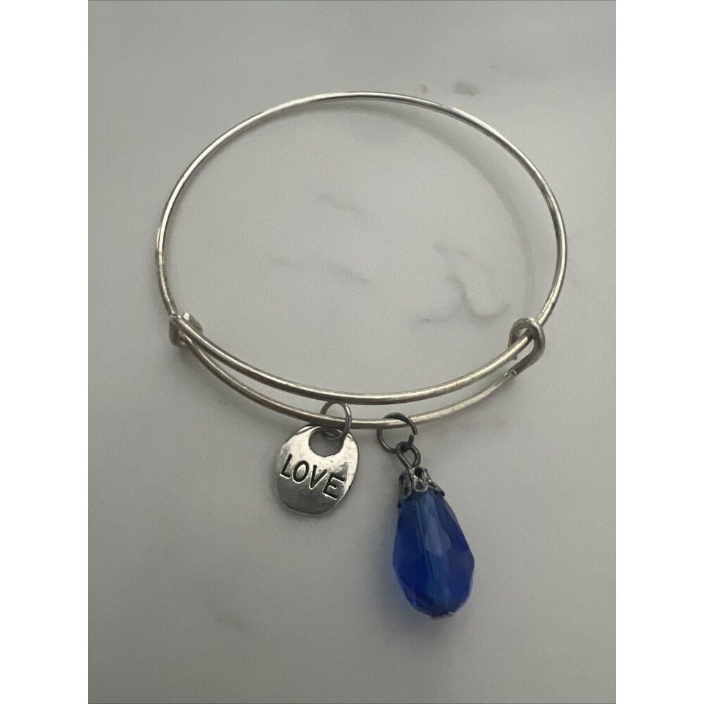 Thin Wire Bangle Bracelet With Blue Crystal And Love Charm Size 7.5”